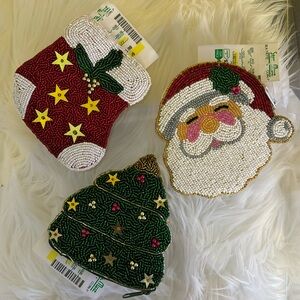 Lot of 3 Christmas  Beaded Coin Purse w Zipper Top